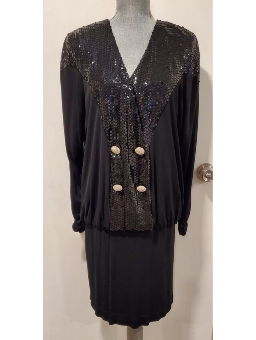 CRISCIONE Lillie Rubin Large Black Sequins Elastic Blouson Dress Vintage 80s